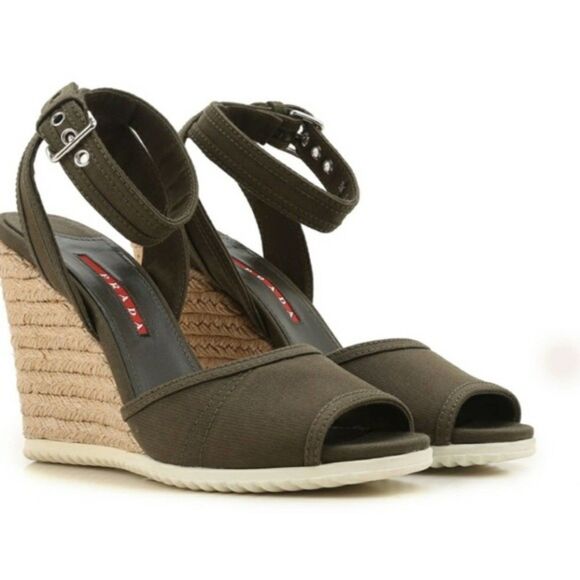 Prada Open Toe Wedge Sandals Olive Green EU 38 US 7.5 Espadrille Platform - Picture 1 of 11